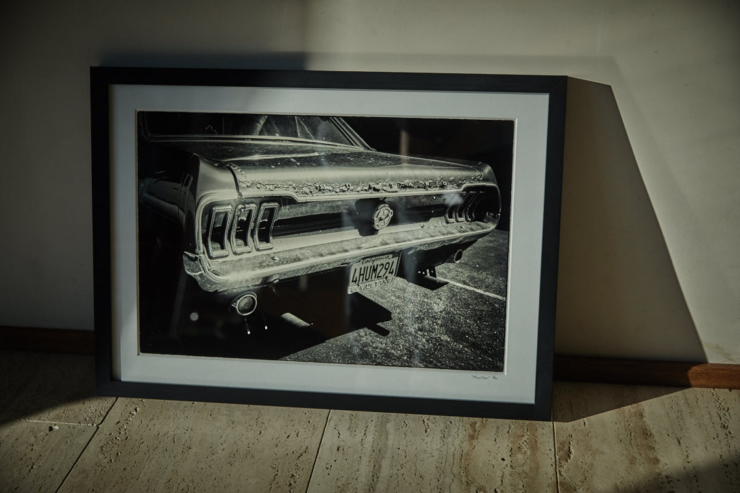 Rear view of vintage Ford Mustang Ponycar in black and white – fine art print