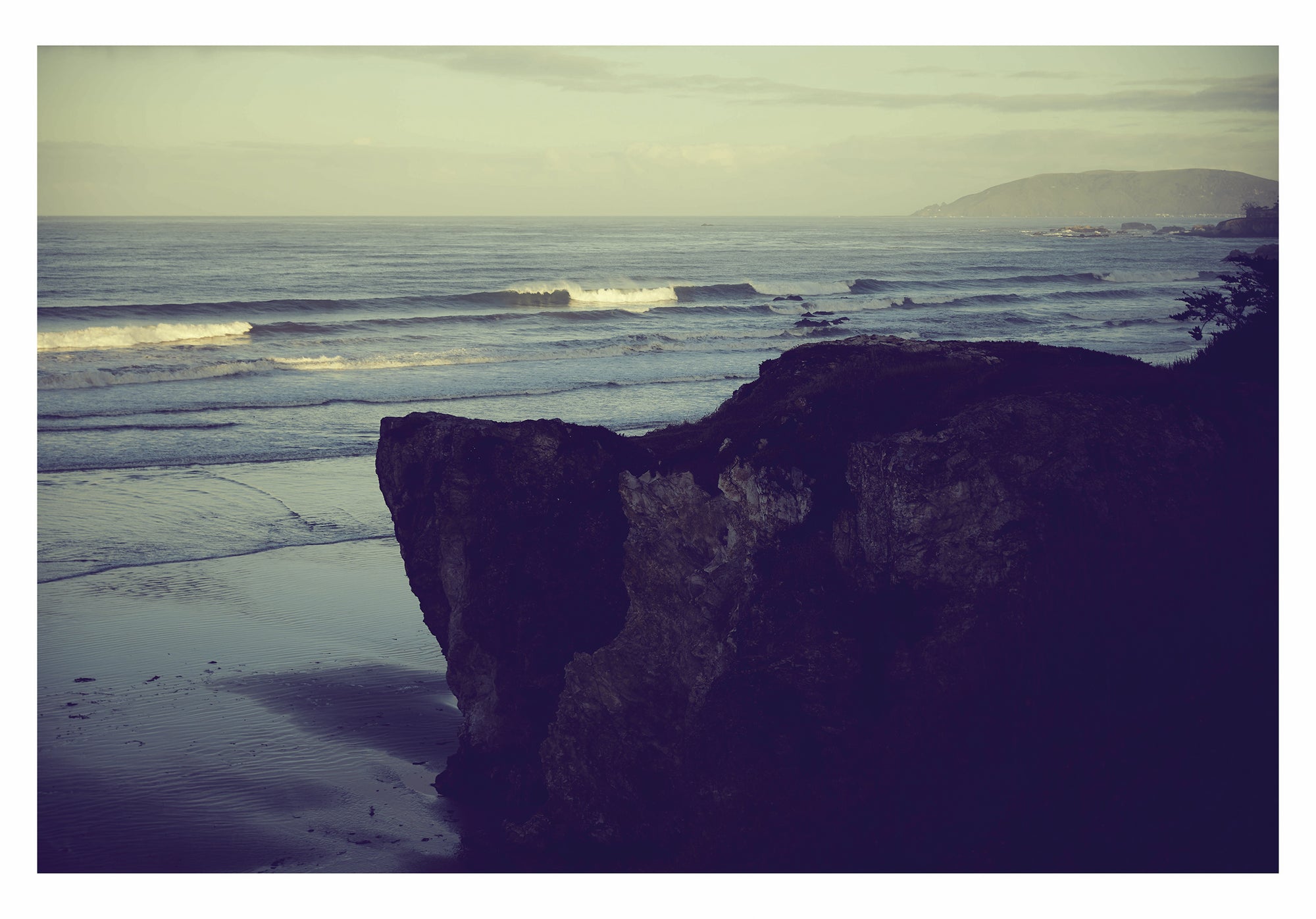 Ocean waves at California coast with dark cliff rock – fine art print